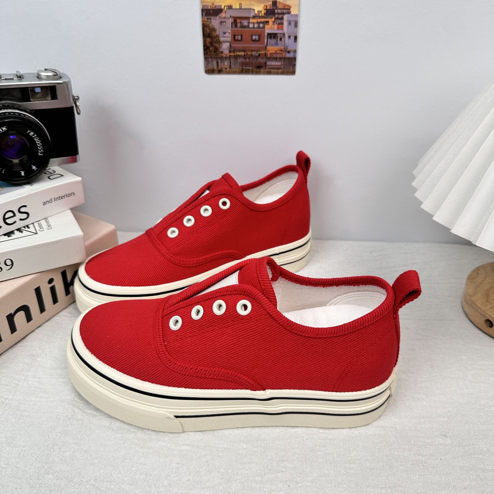 6653 zapatos de lona de suela gruesa para mujer, retro de nicho, estilo de Hong Kong chic, zapatos planos casuales de todo fósforo, zapatillas de deporte de un pie