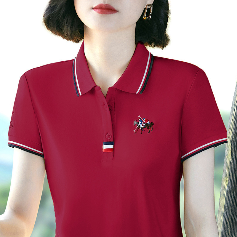 女性用襟付き半袖Tシャツ、夏用薄手2025年新作半袖トップス、おしゃれな中年ラペルポロTシャツ|undefined