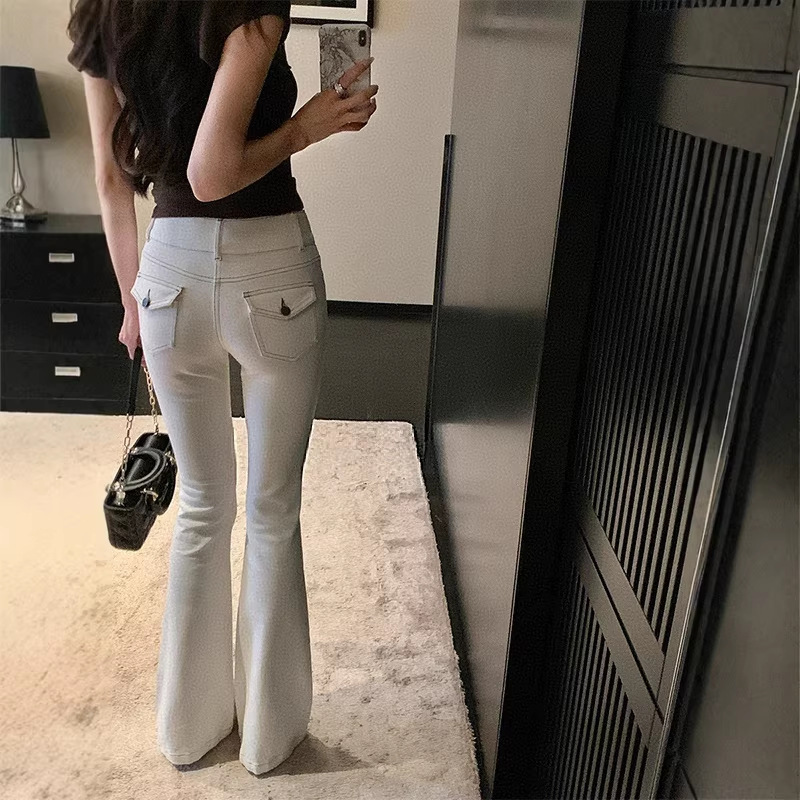 Retro Cut Flared Jeans for Women, Summer Slimming Double Waistband Design, High-Waisted Contrast-Stitched Floor-Length Pants