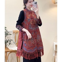 2024秋季新款复古民族风重工刺绣坎肩中长款立领盘扣复古流苏马甲