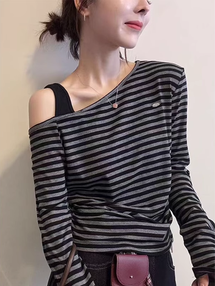 斜领露肩设计感条纹长袖T恤女1早秋2025新款欧货漂亮收腰上衣百搭