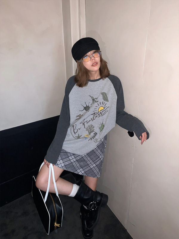 UNITY MODE 卡通拼接印花长袖T恤女秋季撞色设计感小众上衣251153|undefined