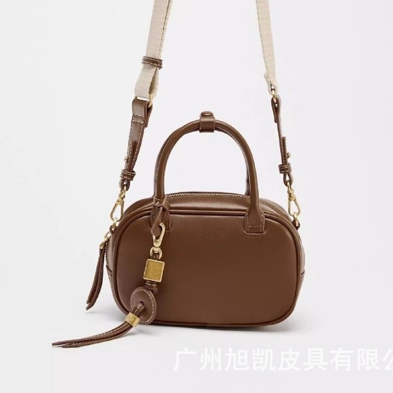 Spanish Women's Bag 2025 New Arrival Niche Contrast Color Fashion Canvas PU Leather Bowling Small Square Shoulder & Crossbody Bag - Thumbnail 4