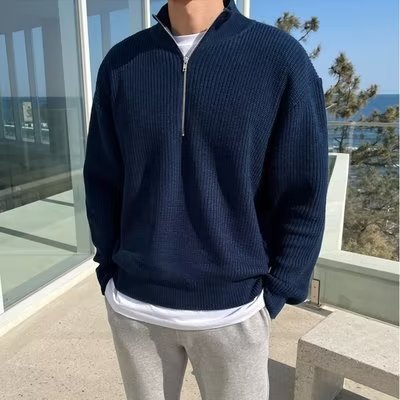 ファッション秋と冬の新しいニットジャカードメンズレトロラペル無地ツイストポロシャツプルオーバーセーター紳士服|undefined