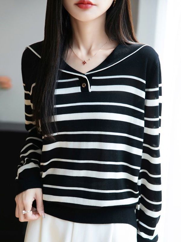 Camiseta de punto a rayas de cuello marino suéter coreano suéter de reducción de edad camisa de base suelta con solapa de luces de manga larga camisa de mujer