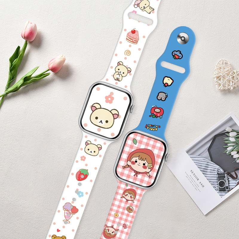 Girls Bear Print Silicone Watch Strap Suitable for Apple Single Nail 38/40/41 42/44/45/49 Watch Strap