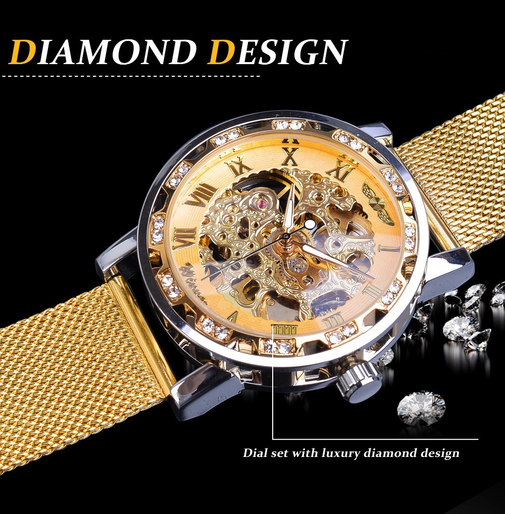 Men's Skeleton Mechanical Watch With Rhinestone Mesh Strap_voghion.com