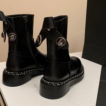 牛皮版~小香风链条马丁靴切尔西短靴女中高筒2025新款粗跟长靴女