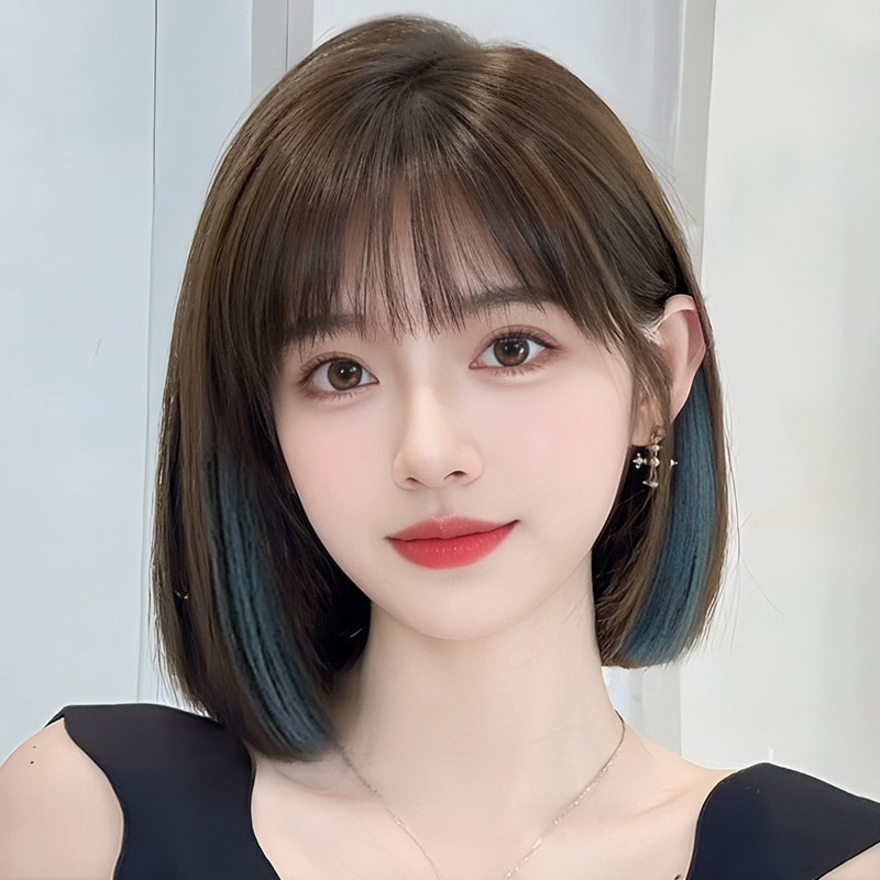 Wig for Women with Short Hair, Natural Full Headband, Fashionable Long Highlighted Haze Blue Artificial Hair Full Set, Thin Wig Set