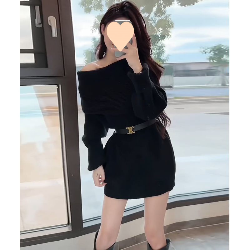 法式高级感气质名媛打底毛衣裙女秋季新款小个子露肩针织连衣裙|undefined