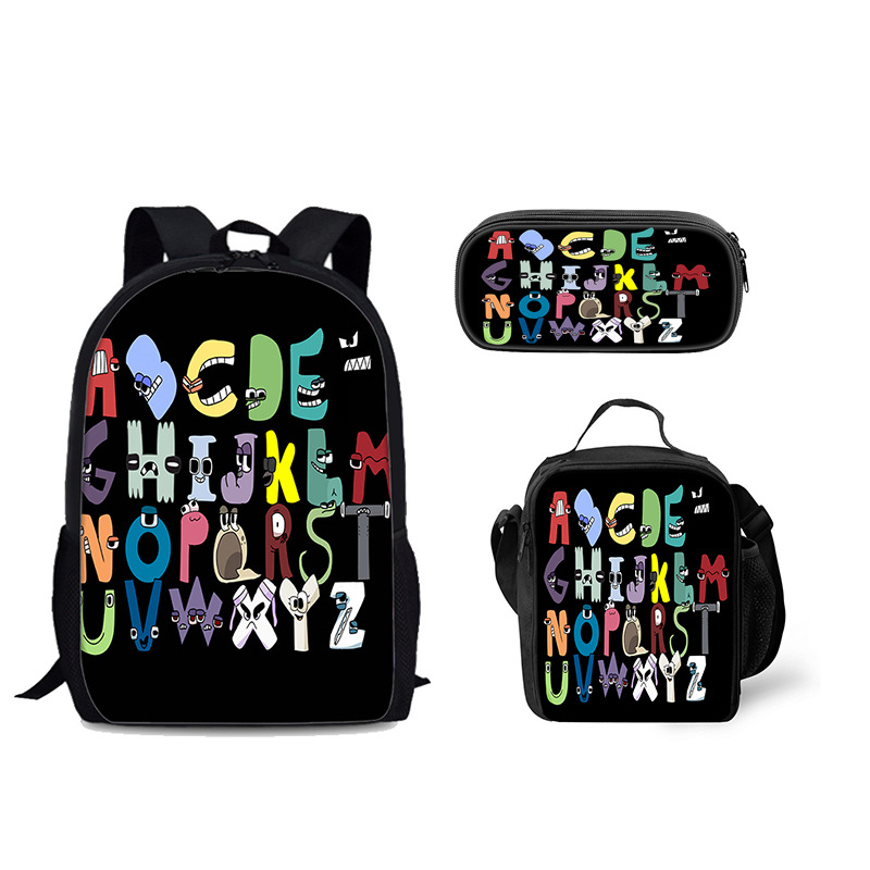 Venta al por mayor Alphabet Lore mochila escolar bolsa de hielo letra leyenda estudiante mochila bolsa de comida bolsa de tres piezas