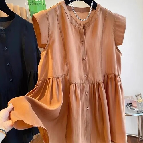 Relaxed minimalist casual lightweight luxury niche sleeveless women's autumn medium-long length hem puff top