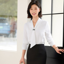 职业长袖白色衬衫女2025春秋气质v领时尚飘带上衣百搭工作服套装