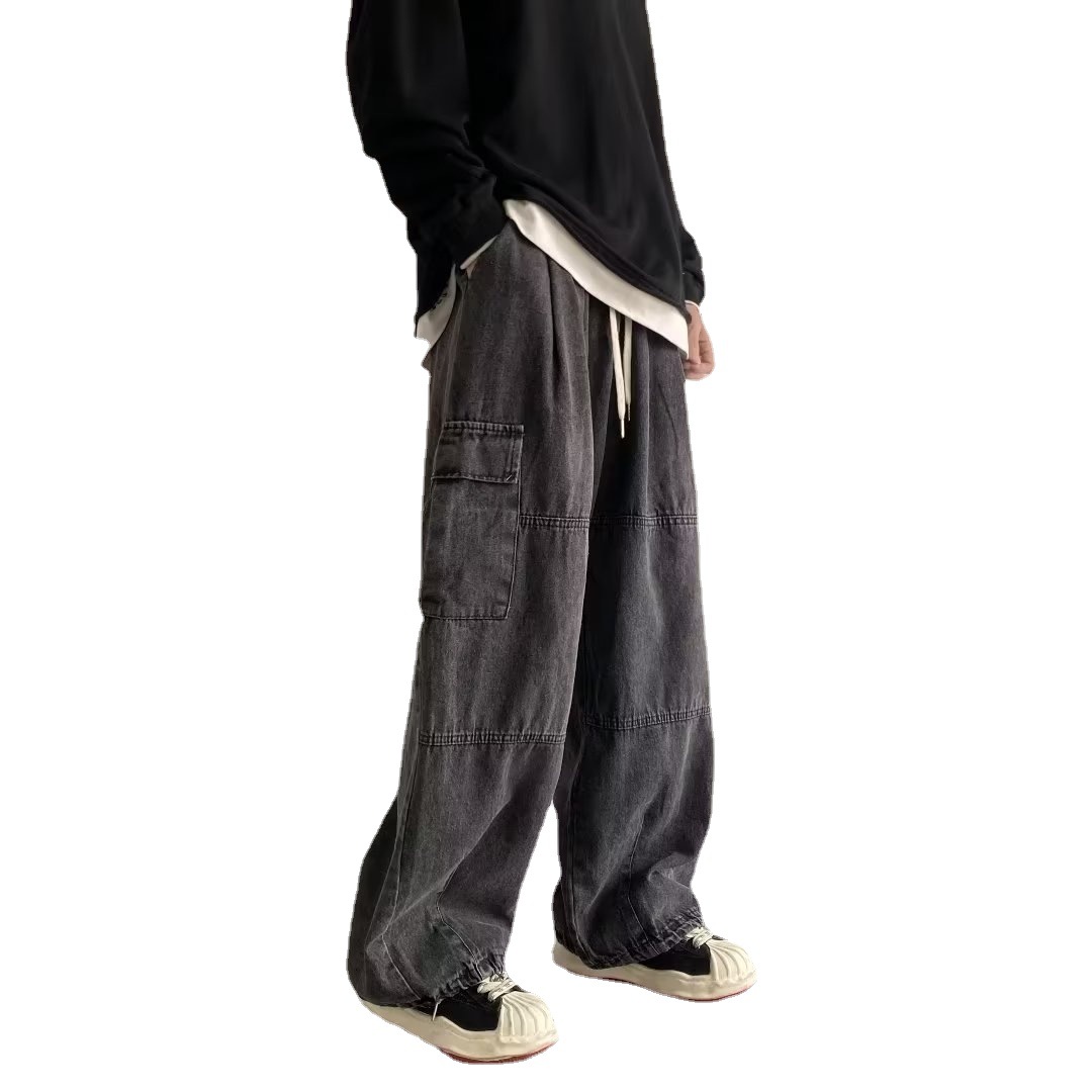 Pantalones vaqueros de cintura alta jóvenes populares perezosos de moda lavados elegantes pantalones de pierna recta de moda sueltos rectos de los hombres de primavera