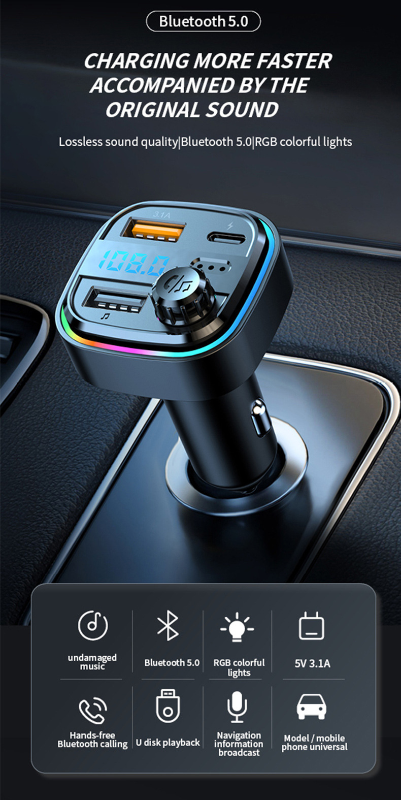 C26 Car Bluetooth Mp3 Music Player Bt5.0 Car Fm Transmitter Hands-Free Call Mobile Phone Music