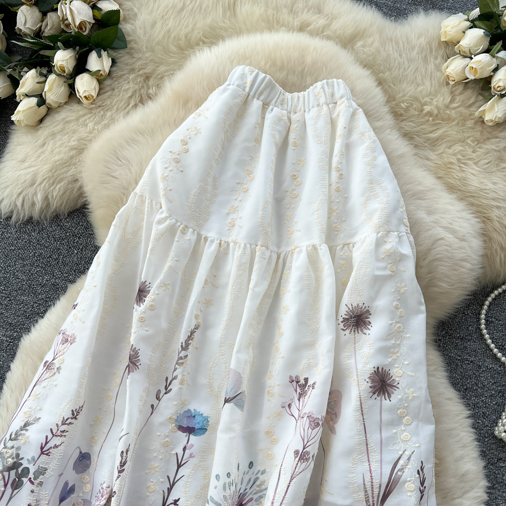 Women's French Sweet Style Floral Print Patchwork A-Line Midi Skirt High Waist Slimming mid Length Summer Fairy like Cake Skirt_ecoleips.com