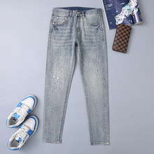 新塘春季新款浅色水洗烫钻牛仔裤男潮流修身小脚潮男时髦长裤子男