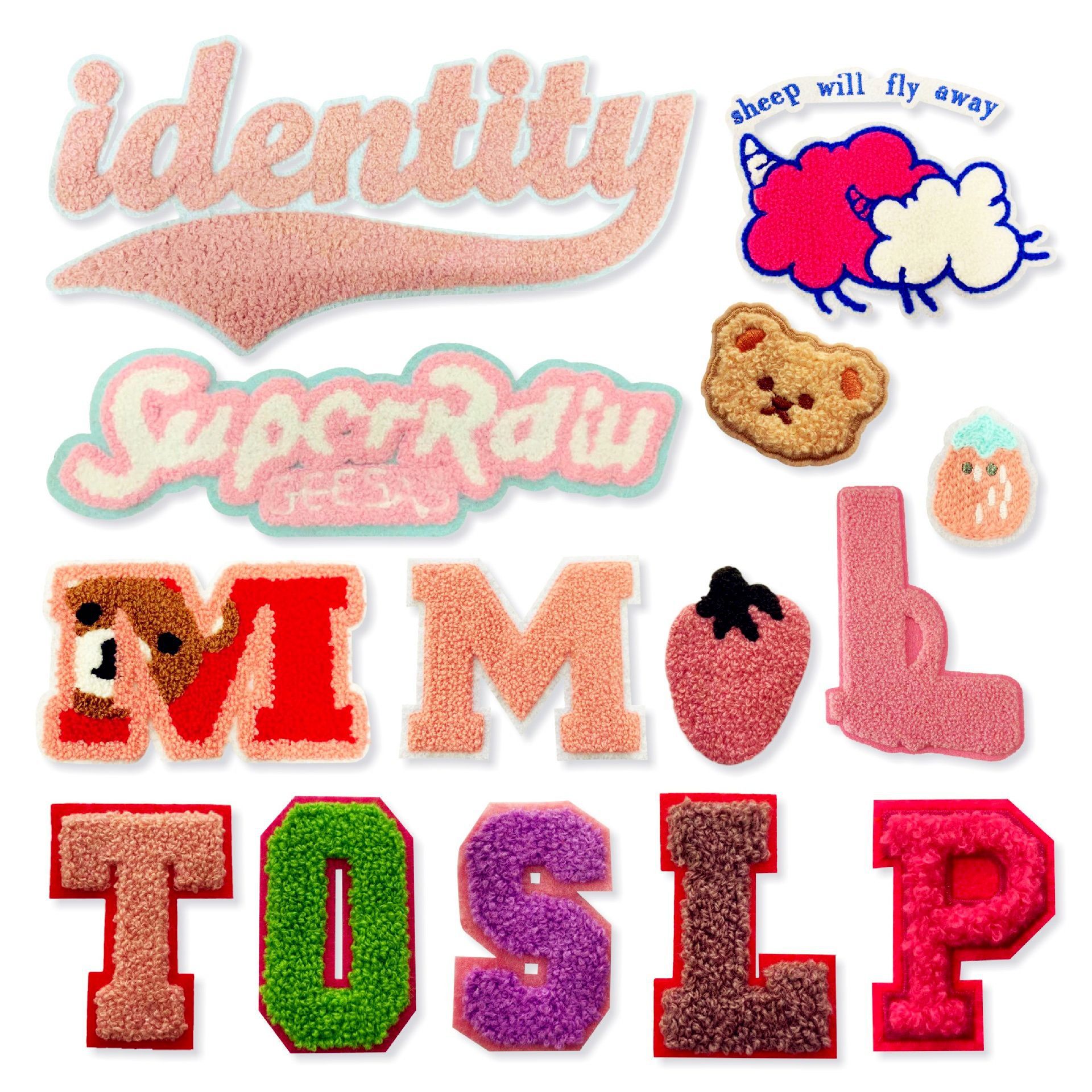 粉色字母绣花毛巾绣补丁贴羽绒服毛衣装饰手缝服装辅料刺绣布贴