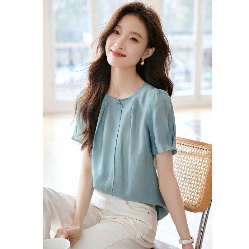 2024 New Summer Sea Breeze French Style Fresh Solid Color Shirt Women's Mogo Fish Yuan Chuang Commuting Simple Short-sleeved Shirt