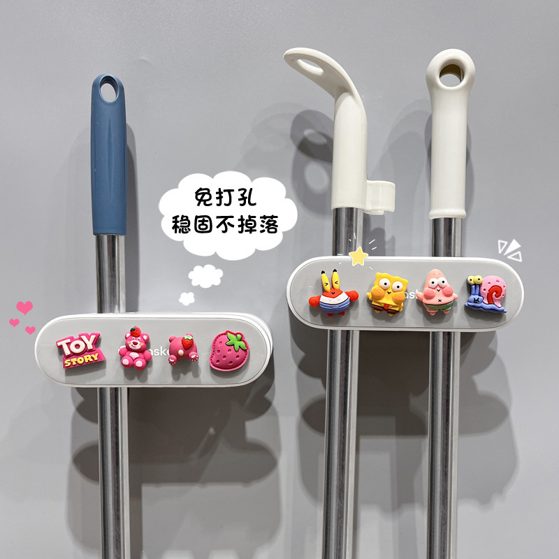 Mop wall-mounted clip hook for bathroom, no-drill installation, cute cartoon multi-functional broom and mop clip storage rack