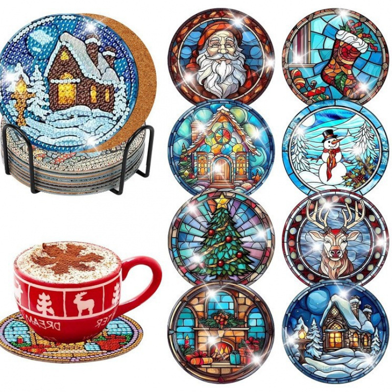 Ventas transfronterizas calientes de 8 piezas de conjunto de cojín de taza de arte de diamante, con soporte, pequeño conjunto de pintura de diamante, adecuado para adultos