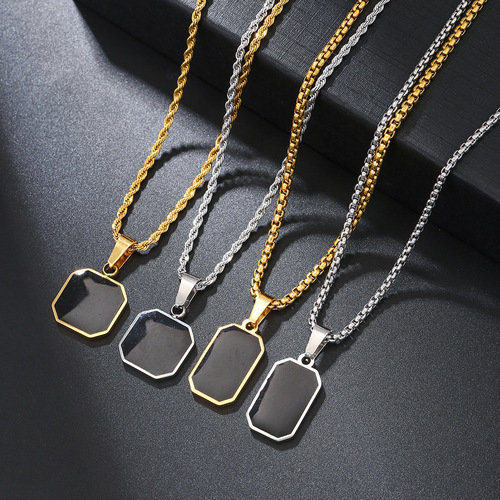 Cross-border hot-selling hip-hop stainless steel Epoxy black square pendant men's sweatshirt stacking necklace long sweater chain