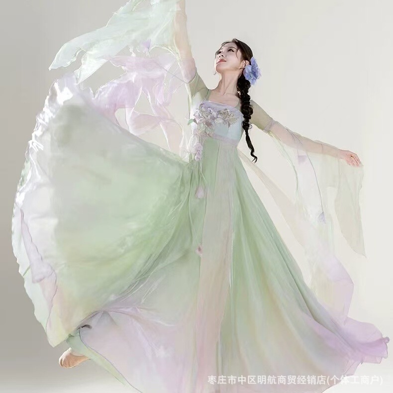 舞中曲原创古典舞蹈服飘逸仙气连衣裙古风汉服中国舞演出服大裙摆|undefined