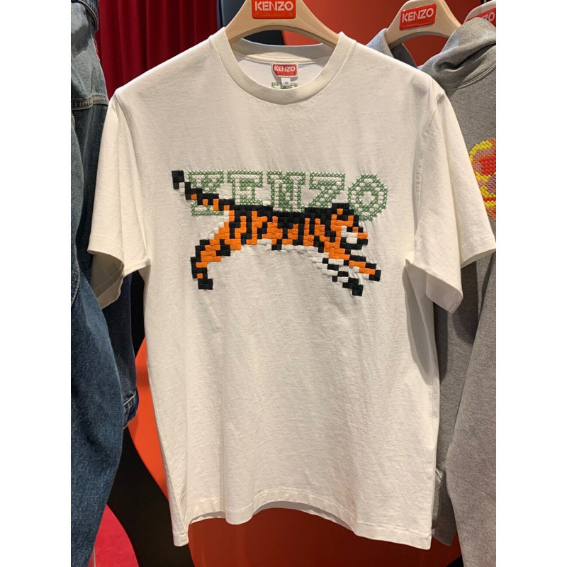 In Stock Kenzo 26 New Spring/Summer Pixel-Style Tiger Round-Neck Letter Embroidery Pullover Short-Sleeve T-Shirt for Men and Women