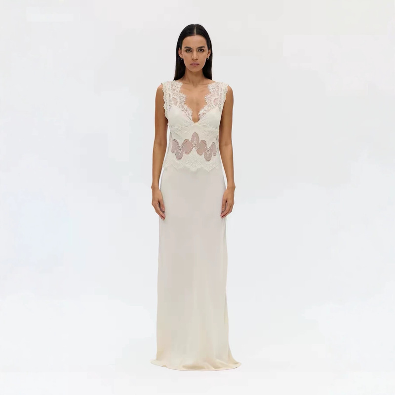 Cross-Border Dress Foreign Trade French-Style Women's Lace Patchwork V-Neck New Beige Slim-Fit Satin Slip Dress