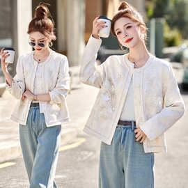 2026年春季新款亚麻手工刺绣穿珠短外套女小个子休闲长袖上衣优雅