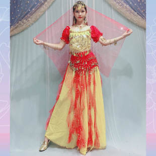 Baiya Qianhui Indian Dance Suit with Chili Short-Sleeve Ribbon Skirt Chiffon Hanging Coin Indian Dance Practice Costume