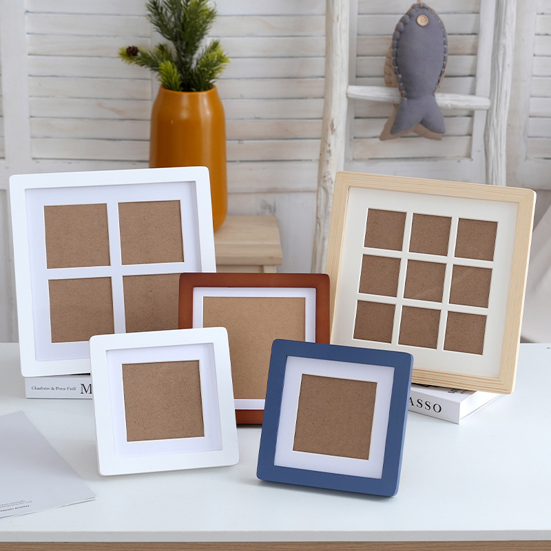 Wooden Photo Frame Square Photo Studio Wall Hanging Table Cardboard Framed Picture Frame Simple Oil Pastel Four-Square Grids Table