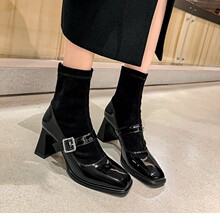 2025年方头玛丽珍连袜小皮鞋粗跟弹力瘦瘦靴高跟短靴女靴职业风