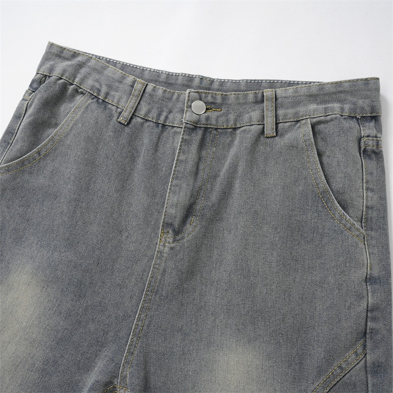 Men's Retro Patchwork Curved Blade Jeans mid Waist Loose Straight Leg Slightly Flared Pants Autumn/Winter American Style Blue_mkmklike.com