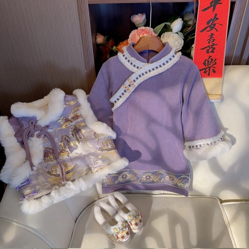 Girls Winter Hanfu suit 2023 New Western Style fleece-lined Thickened New Chinese Cheongsam Baby Girls Warm Tang Suit