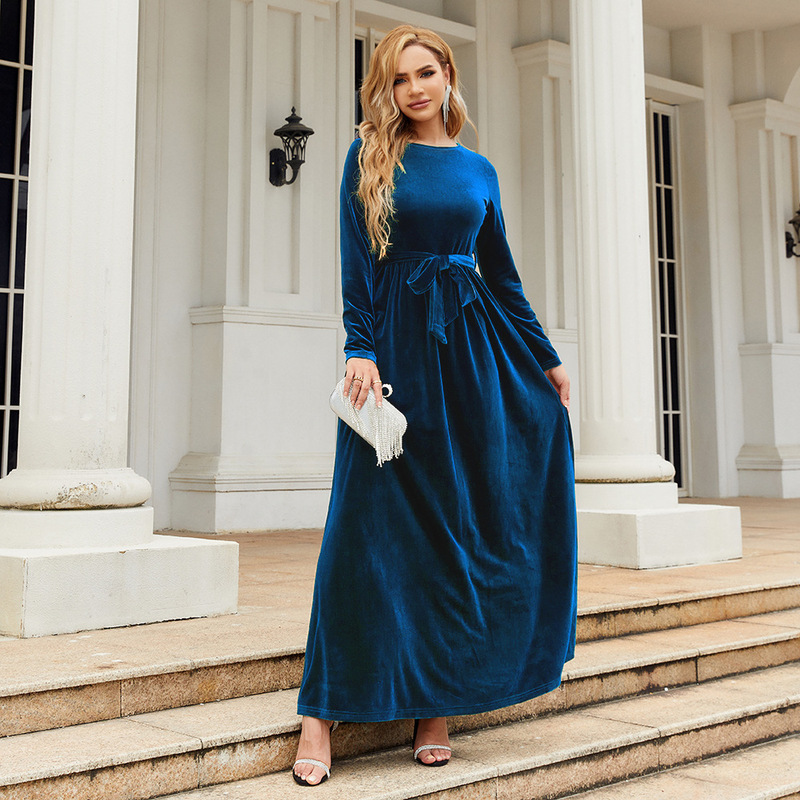 European and American Fashion Autumn and Winter Elegant Ladylike Style Long Dress, Velvet Solid Color High-End Long-Sleeve Dress