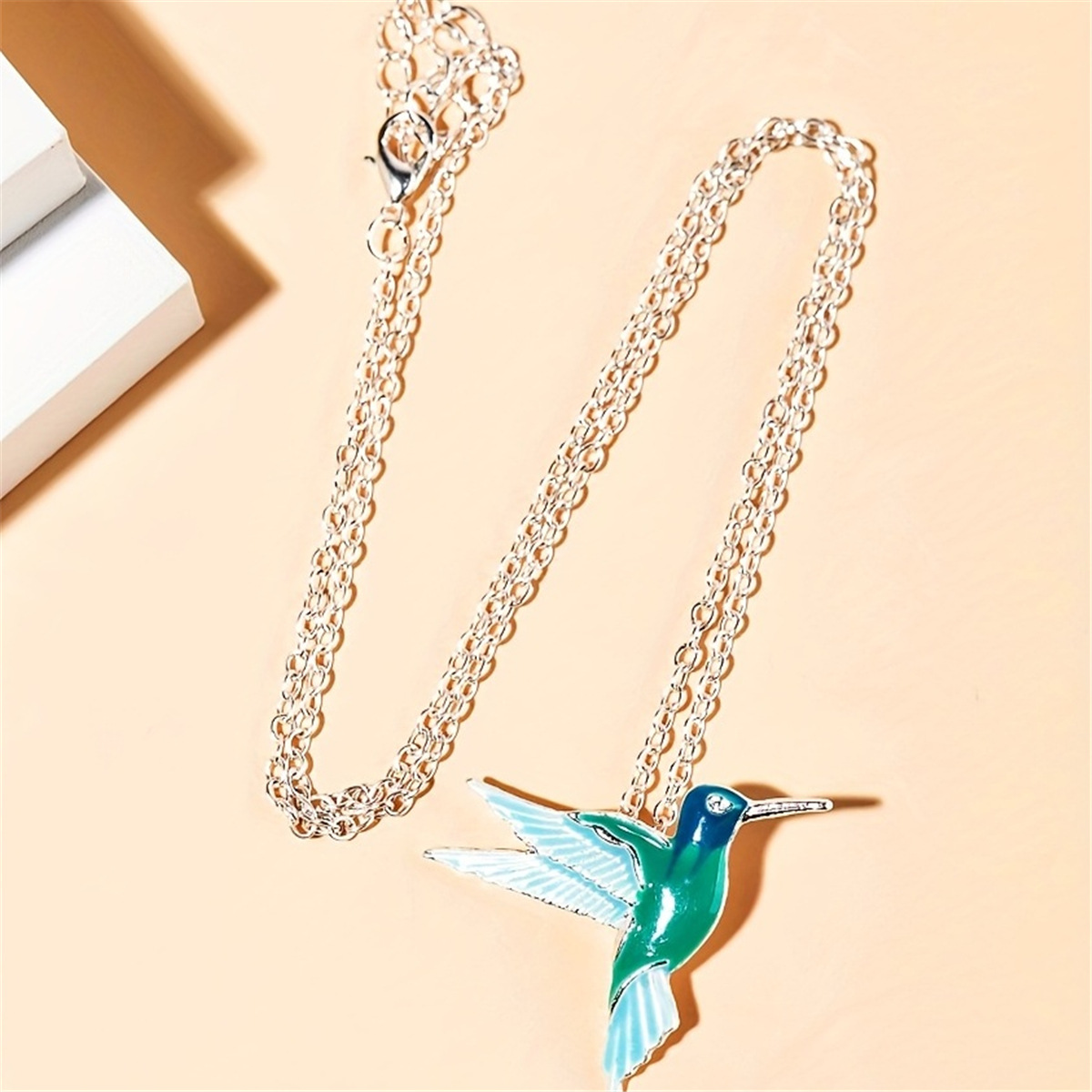 Collar con colgante de colibrí de plata gruesa con aceite de goteo, joyería de moda, accesorios de regalo_voghion.com