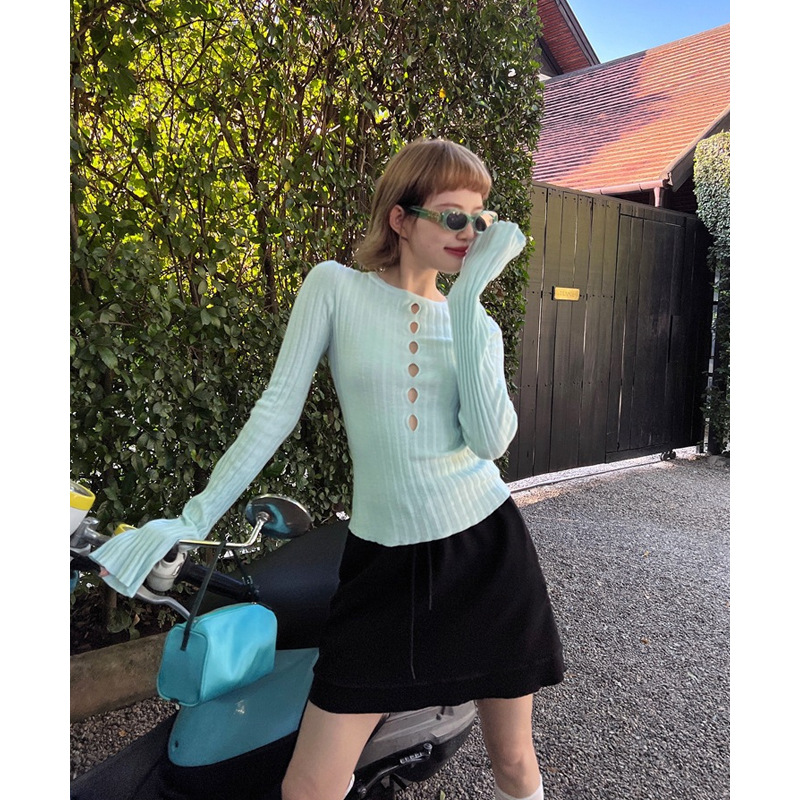 Unity Mode Dopamine Cut Out Design Wool Knitted Bottoming Shirt Early Autumn Sexy Slim Sweater for Women