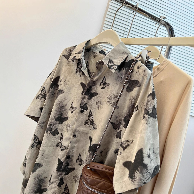 Ink Wash Butterfly Print Shirt for Women, Short-Sleeved Summer Beach Wear, Sun Protection Shirt, Couple's Ice Silk Thin Jacket