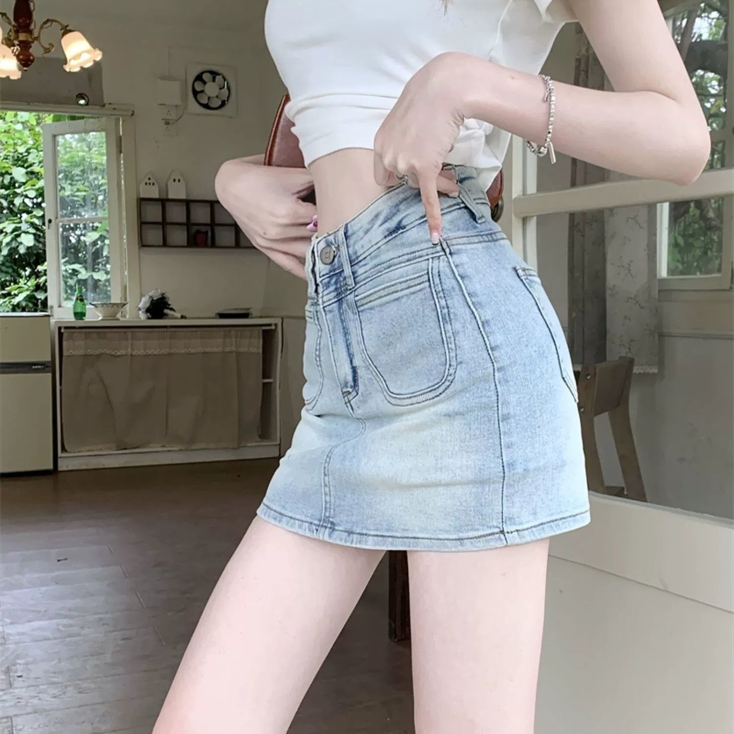美式辣妹牛仔短裙女夏季新款复古高腰显瘦a字防走光包臀半身裙子