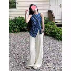 法式蓝色不规则格子小背心女2025新款夏季外穿设计感小众无袖上衣