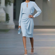 2025秋季新款欧美亚马逊跨境优雅性感纯色高级气质通勤端庄连衣裙