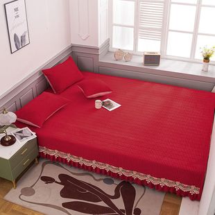 Tatami Bed Cover Three-piece Set Red Bed Skirt Wedding Big Kang Cushion Milk Velvet Crystal Velvet Non-slip Quilted Bed Sheet