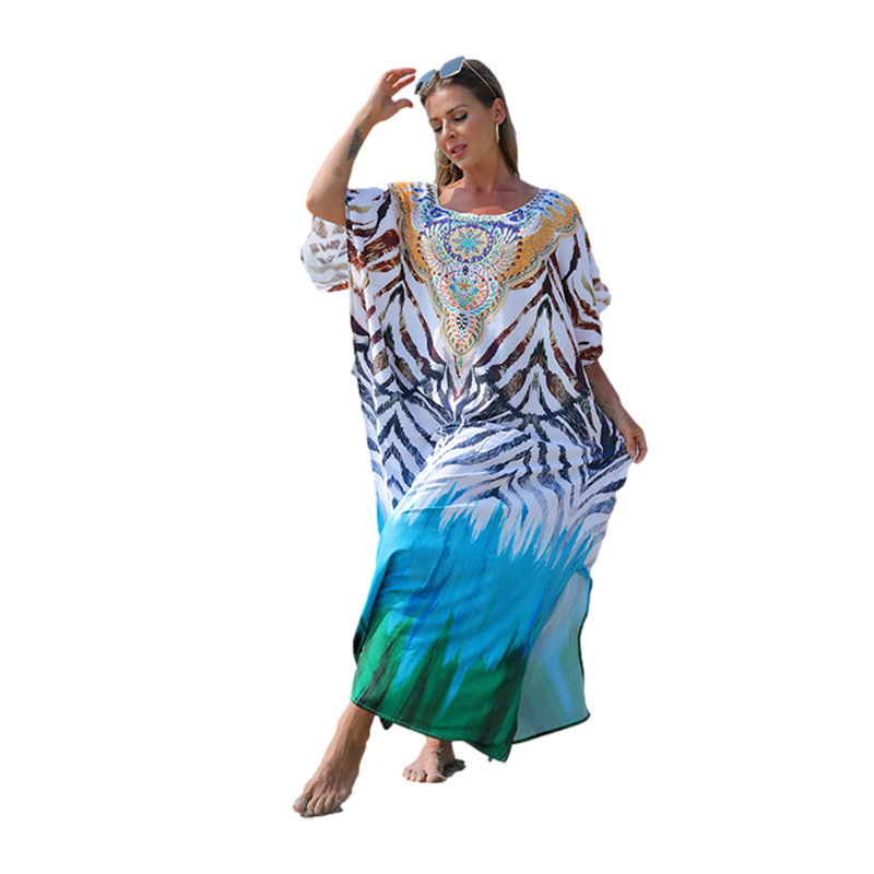 Europa y América colorido rayas impreso playa protección solar camisa robe estilo vacaciones falda bikini blusa Amazon 1D66