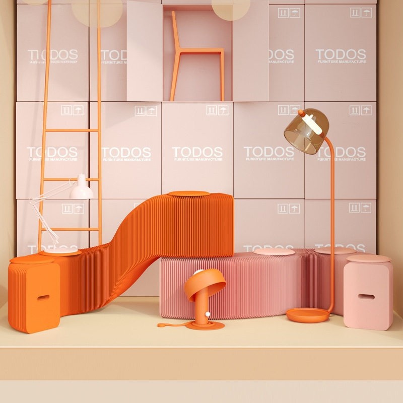 Experience stool for bedroom, end-of-bed stool, exhibition hall reception stool, colorful long bench, freely extendable, with variable shapes, accordion stool