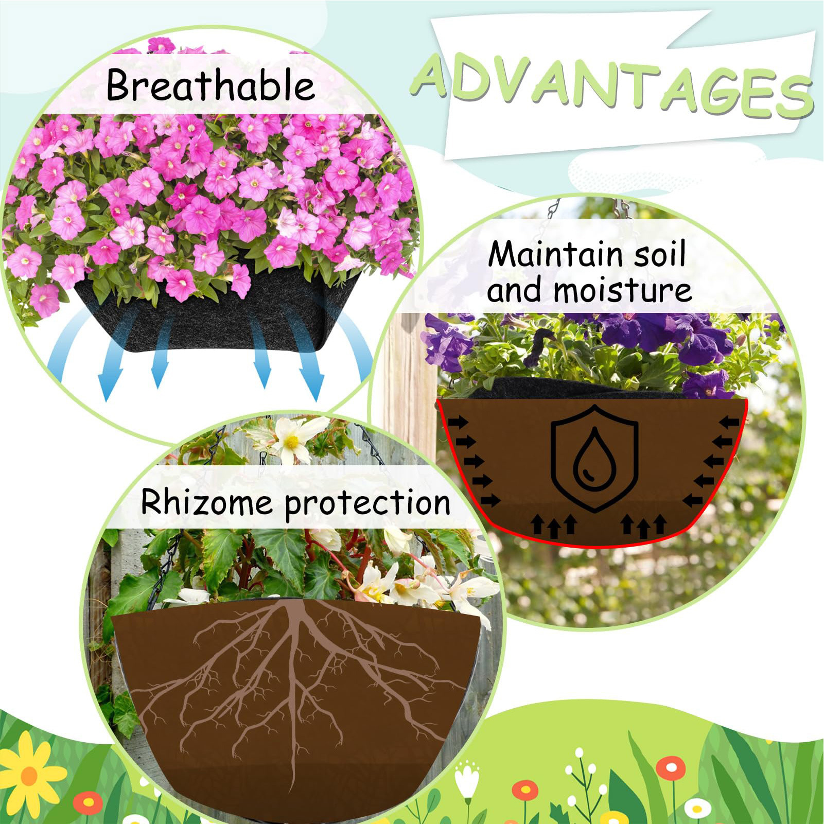 4pcs织物花盆篮内衬替换毛毡可重复使用花园室内植物挂花圆盆内衬