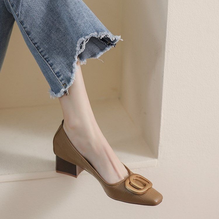 Women's Single Shoes 2025 Spring and Autumn Thick Heel Korean Style Loafers Square Toe Soft Sole Women's Shoes 2026 New Trendy Cross-Border Service