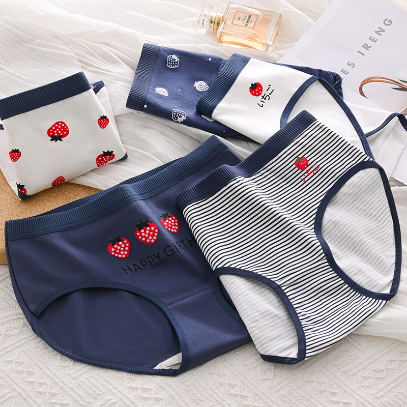 Cute Strawberry Girls' Underwear Print Japanese Striped Mid-waist Student Thin Women's Large Size Hip Covered Clasp