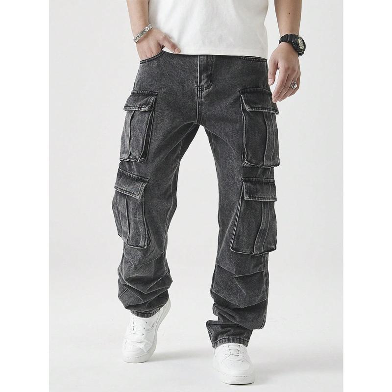 跨境Men's Casual Washed Straight Leg Cargo Jeans Menswear|undefined