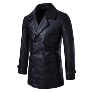 European-size cross-border autumn and winter fashion trench coat jacket Korean slim-fit men's mid-length leather coat coat men's